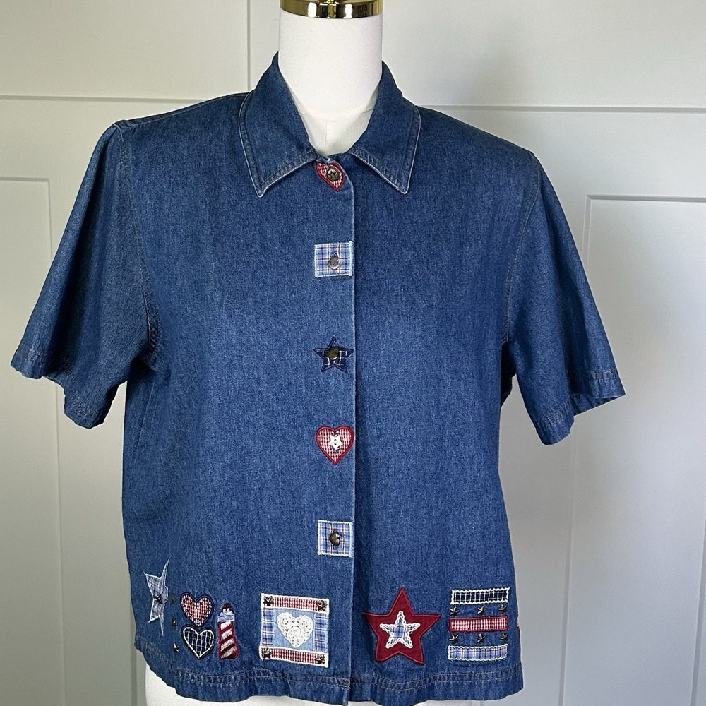 VTG 90s Koret City Blues Denim Shirt MED Short Sleeve Patriotic 4th Of July USA